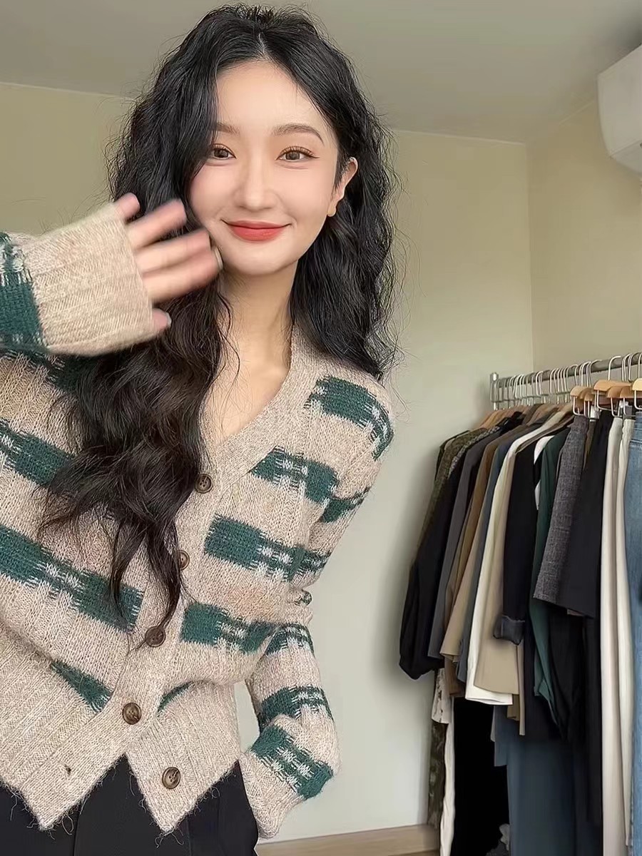 春秋復古v領條紋拼色開衫毛衣外套女短款設計感針織衫上衣