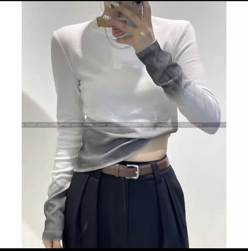 Minimalist style gradient round neck long-sleeved sweater for women autumn and winter tight-fitting slim design high-end light luxury top trend