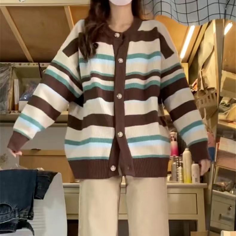 慵懶風咖色條紋針織開衫女早秋薄款韓版小眾寬鬆百搭學生毛衣外套