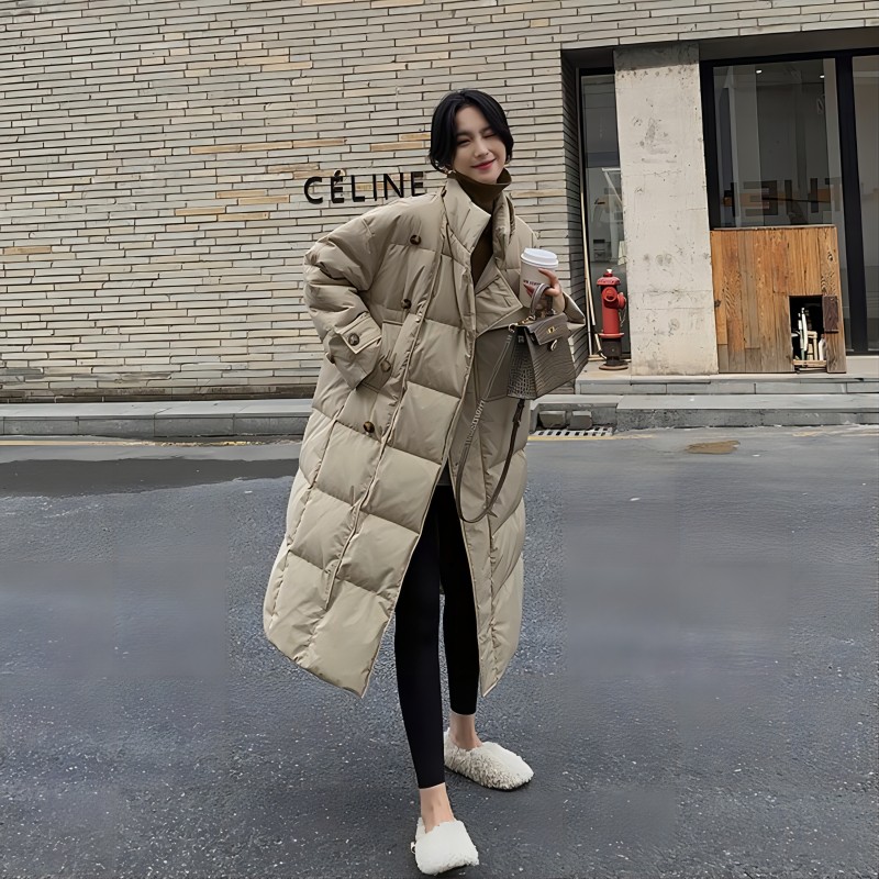 Net picture khaki down jacket for women 2023 new Korean style loose mid-length over-the-knee stand-up collar winter coat