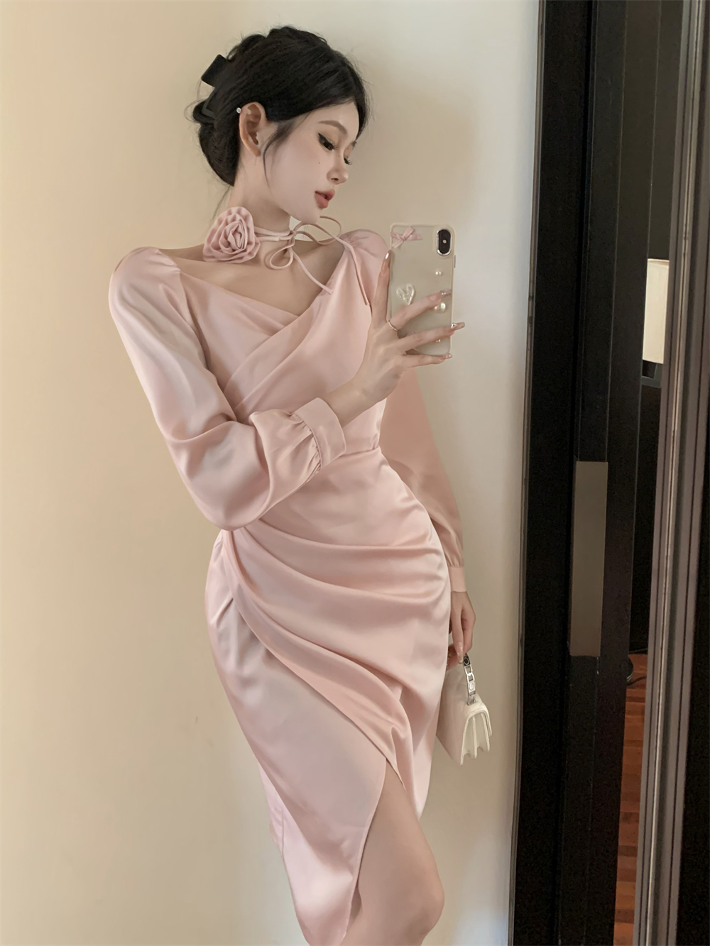 實拍 氣質v領長袖高腰開叉中長裙連衣裙配花朵