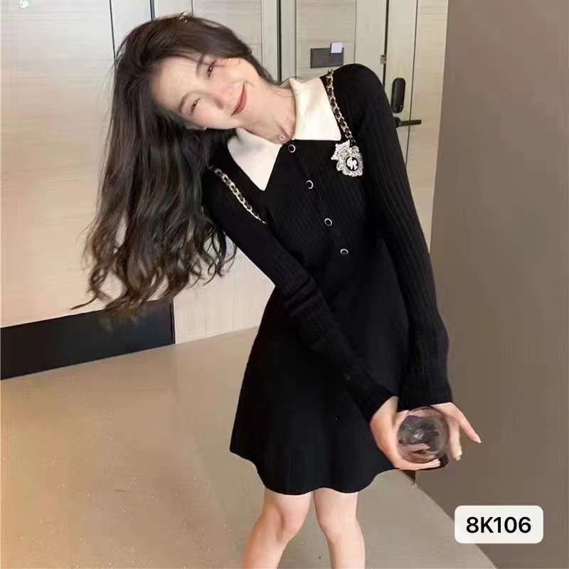 蝴蝶結裝飾撞色連衣裙春秋季新款時尚收腰顯瘦長裙女