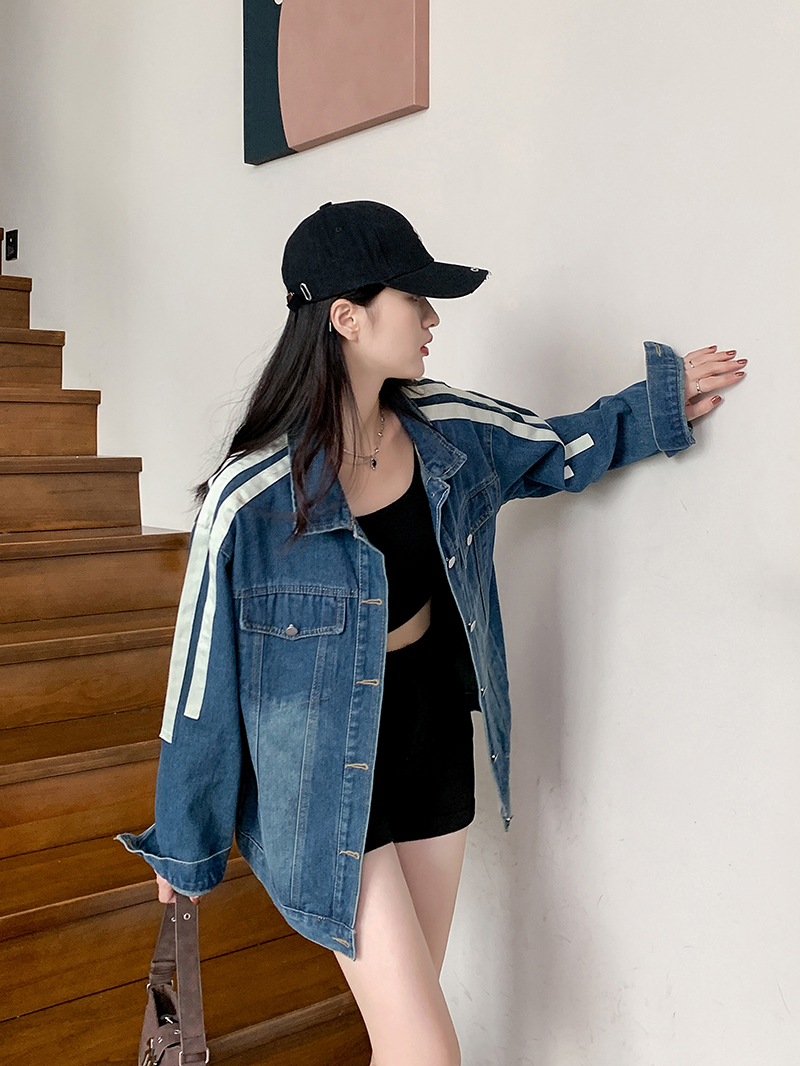 實拍~牛仔條紋外套女秋季寬鬆顯瘦長袖開衫水洗做舊夾克上衣