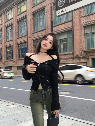 Actual shot of sequin tie rope halter neckline slim fit knitted sweater top cardigan for women