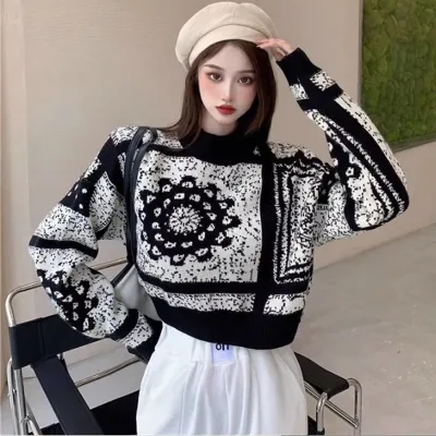 韓國ins復古提花毛衣女秋2023慵懶寬鬆洋氣套頭毛針織衫短款上衣