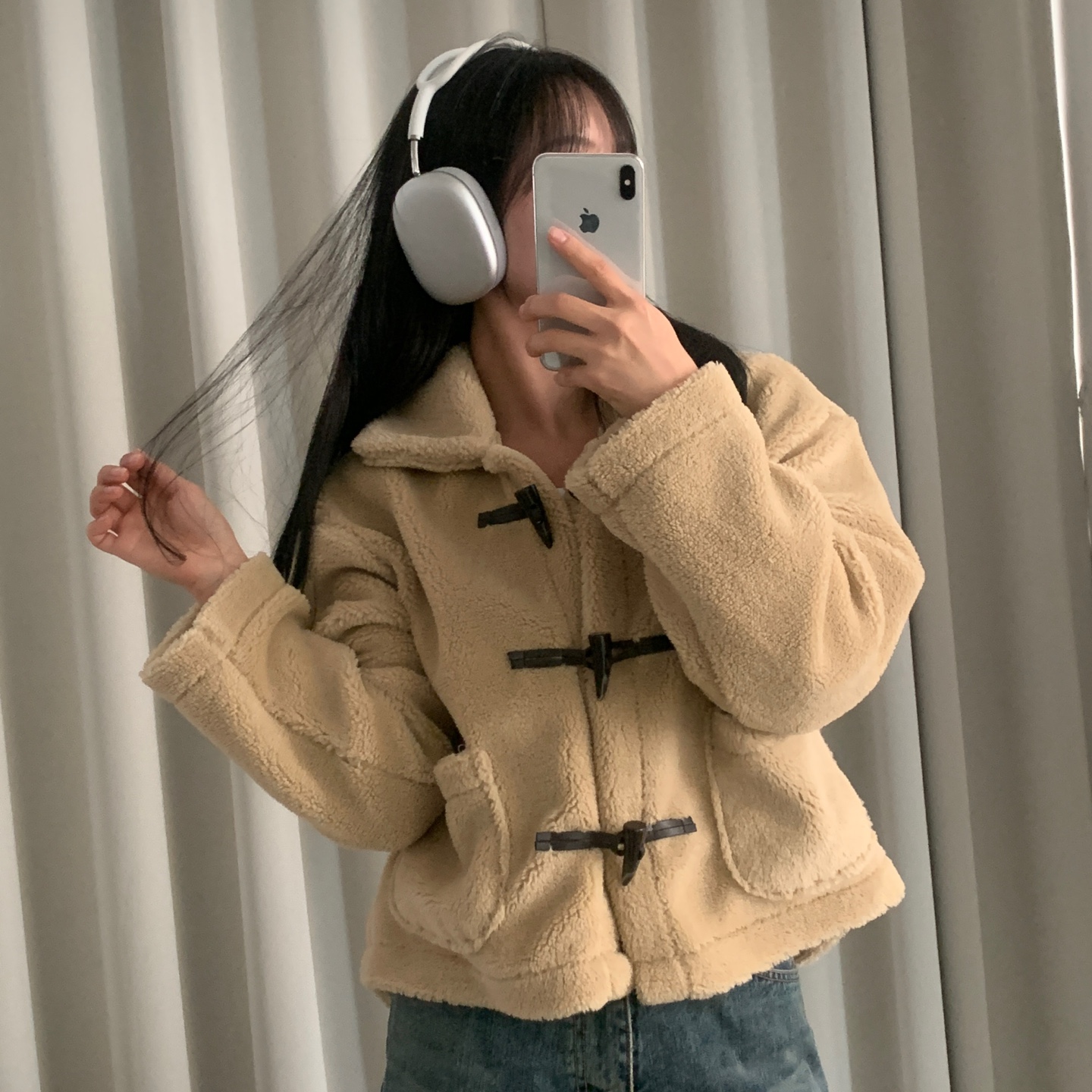 韓國chic秋冬氣質學生皮毛一體百搭牛角扣羊羔毛加厚棉衣外套女