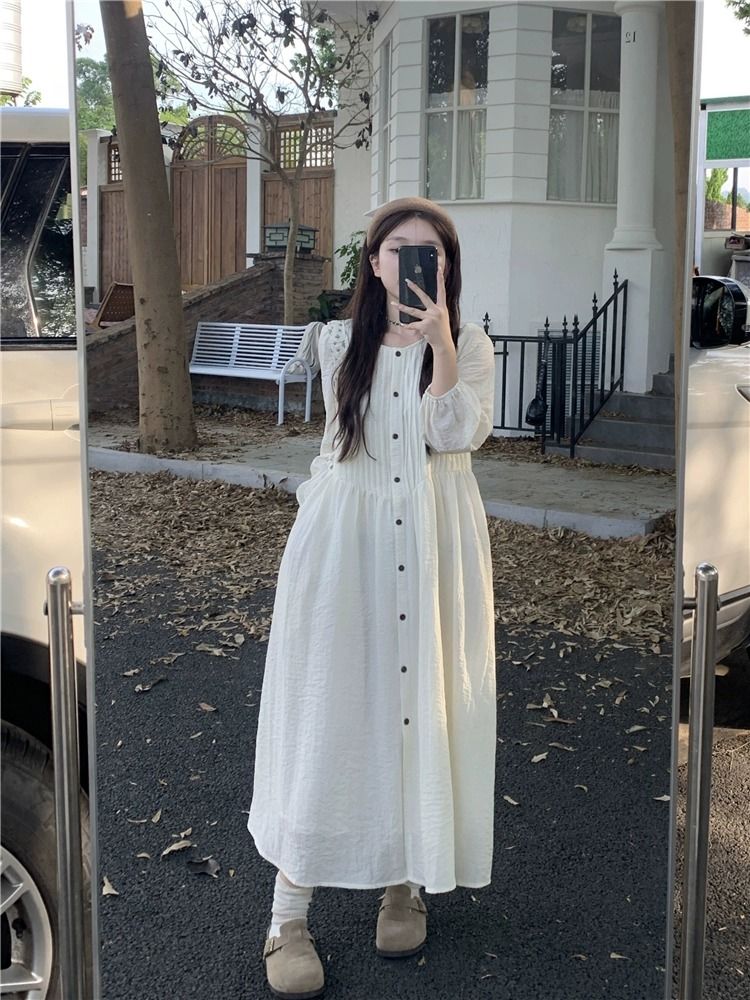 Internet Celebrity French Puff Sleeve Gentle Style Loose White Lazy Long Sleeve Dress Long Skirt