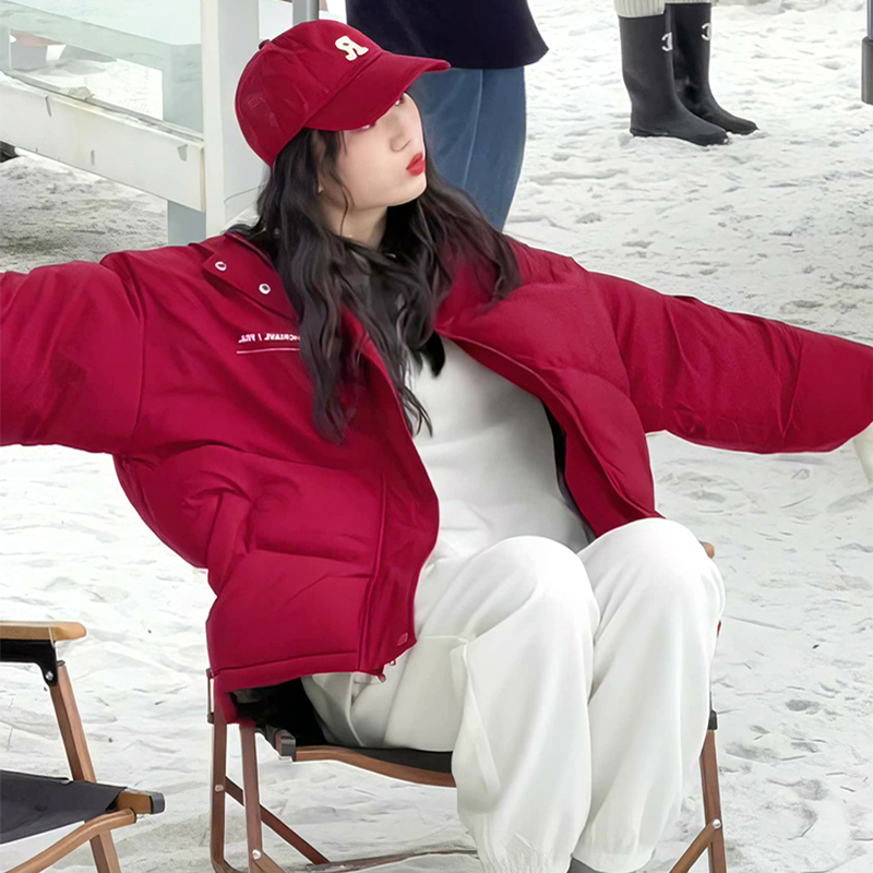 紅色羽絨棉服女秋冬外套短款2023新款潮韓系輕薄棉衣麵包服加厚潮