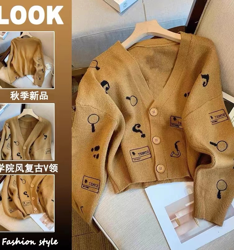 Retro Knitted Sweater Jacket Women's Big Brand Niche Design New College Style College Style V-neck Loose Top