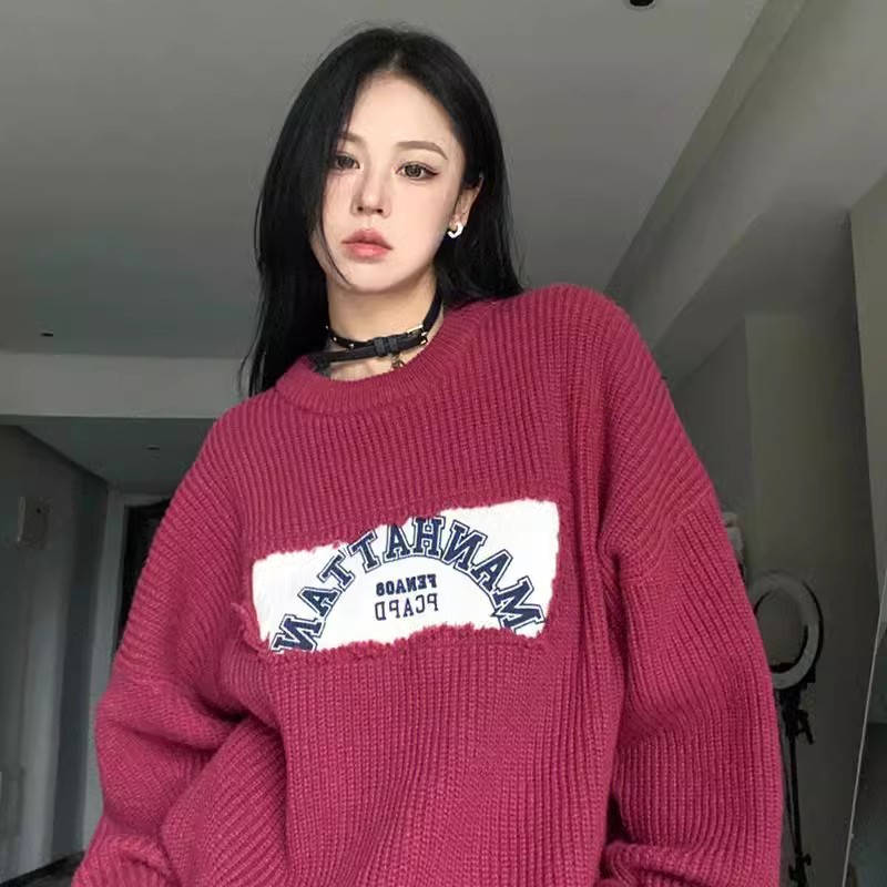 慵懶風拼接圓領毛衣女2023秋冬新款設計感小眾寬鬆套頭針織衫上衣