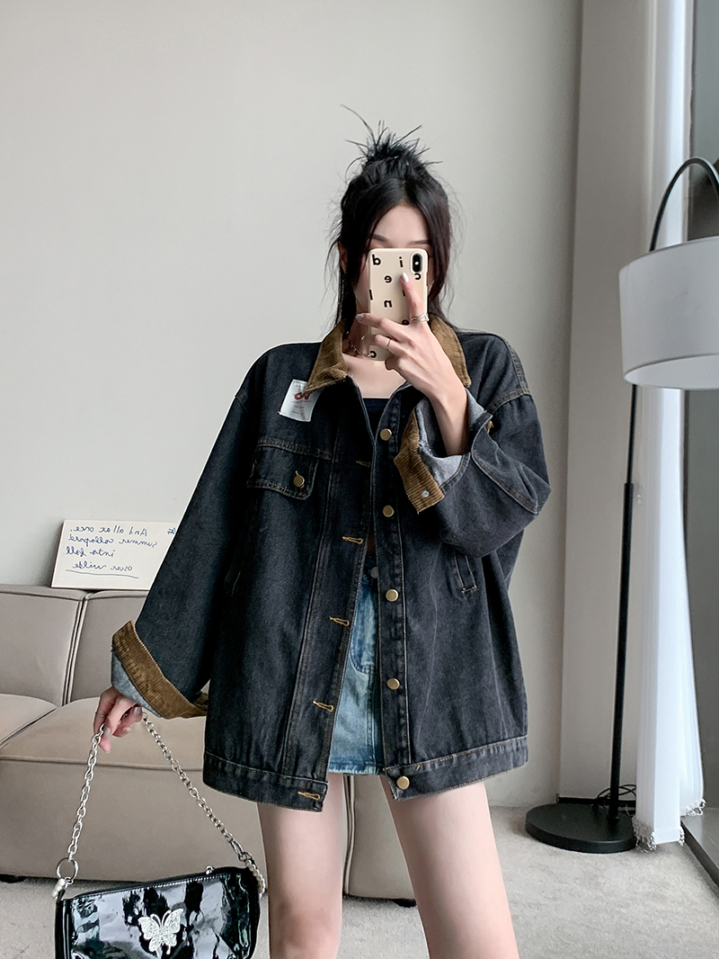 實拍~黑色復古牛仔外套女秋季新款設計感寬鬆水洗夾克上衣潮