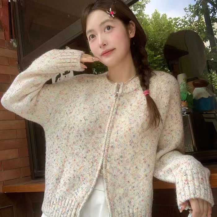 Japanese lazy retro colorful dot double zipper sweater jacket for women spring and autumn soft and waxy loose knitted cardigan short top