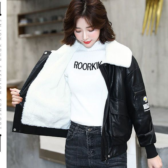 Thick velvet leather jacket, fashionable Korean style PU leather jacket, small age-reducing and versatile plus size women's leather cotton jacket
