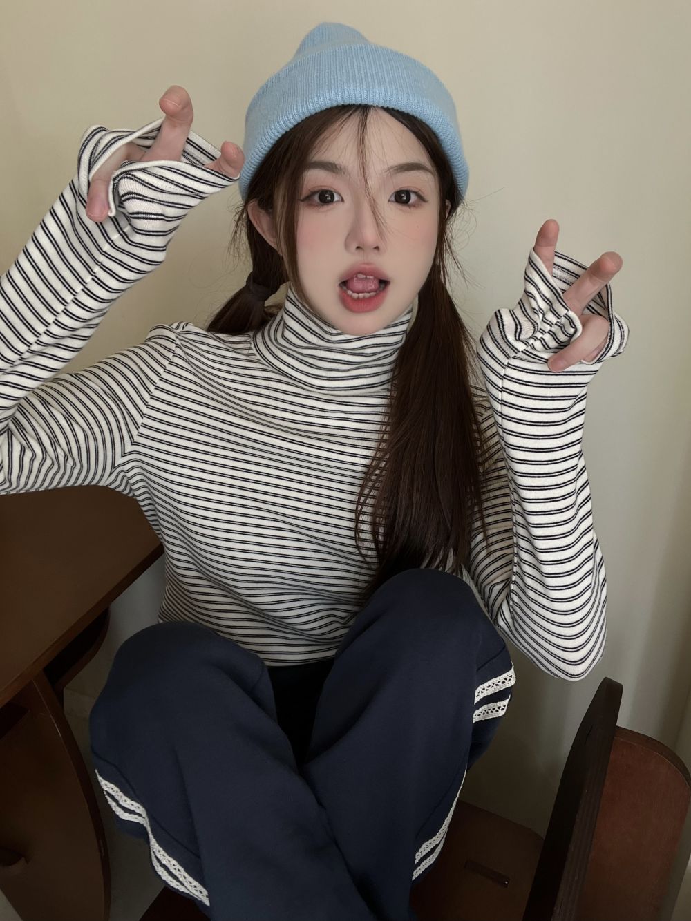 實拍三標齊高領條紋顯瘦條紋打底衫T