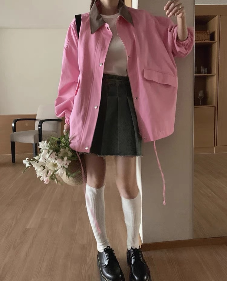 Korean ins style autumn and winter trendy retro contrasting color splicing collar work jacket women's temperament loose casual jacket