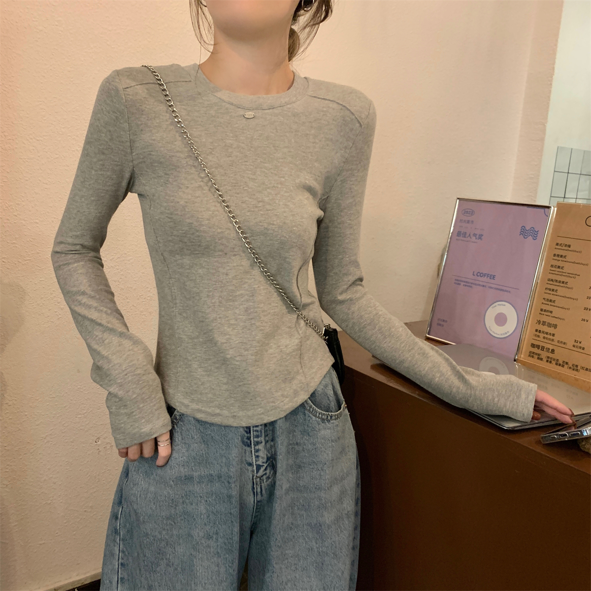 實拍 秋冬韓版修身百搭魚骨設計感純棉內搭長袖打底女T恤上衣