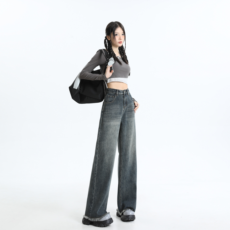 實拍2023秋季時尚高腰美式寬鬆顯瘦垂感闊腿拖地牛仔褲女