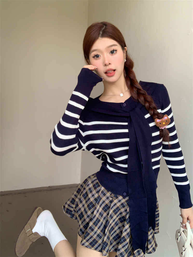 實拍 秋冬新款韓版撞色條紋假兩件休閒百搭長袖開衫外套女