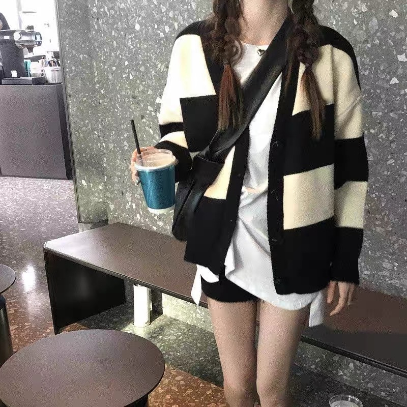 撞色條紋針織開衫女春秋冬新款寬鬆韓版學生大碼長袖毛衣外套