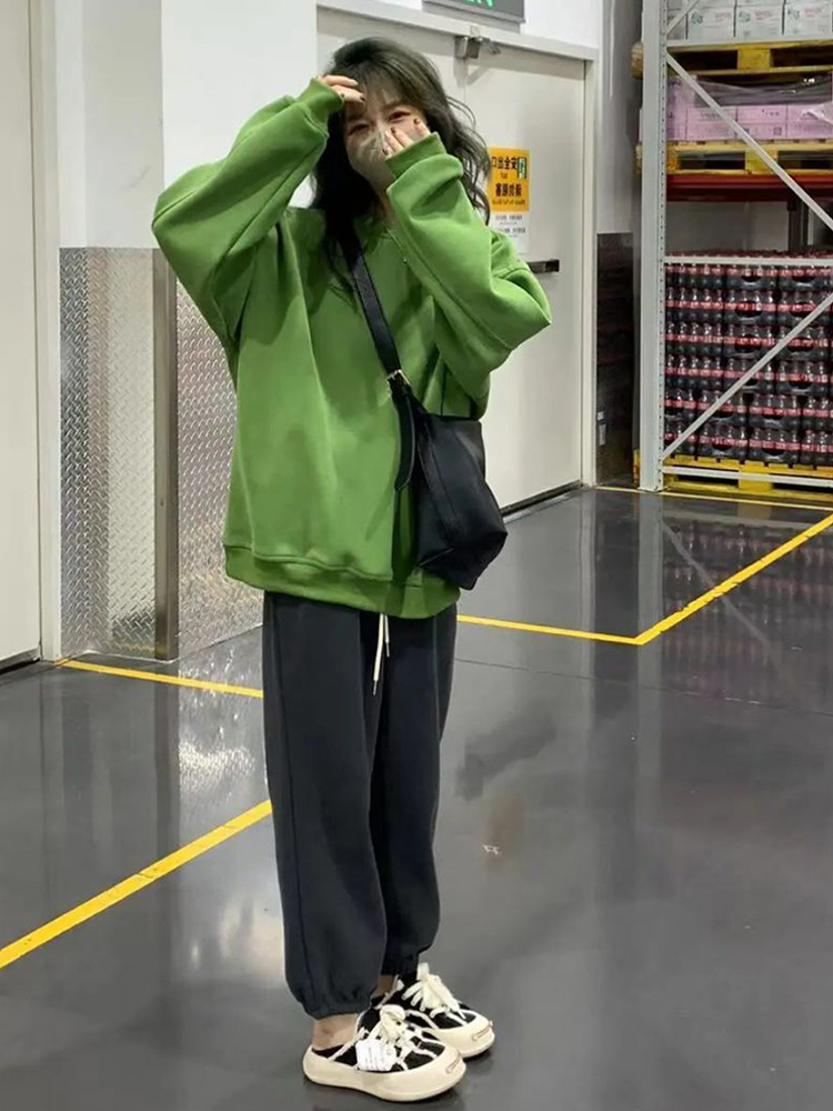 大碼新款女秋冬簡約chic慵懶圓領oversize衛衣寬鬆