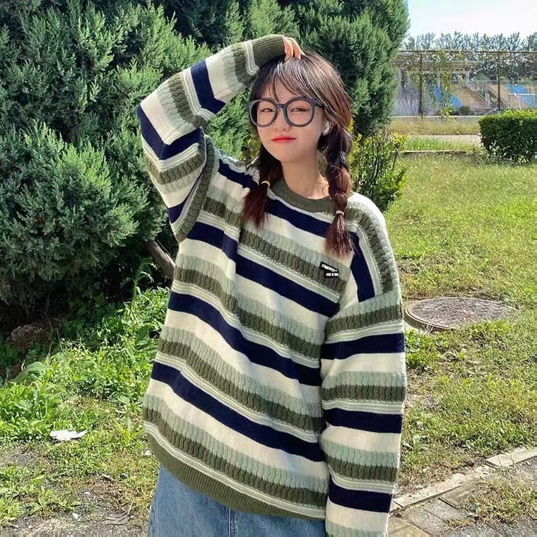 古着毛衣vintage女春秋復古日系慵懶寬鬆Jew4room港風條紋針織衫