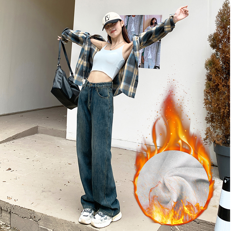 實拍2023秋季時尚懷舊直筒闊腿牛仔褲女