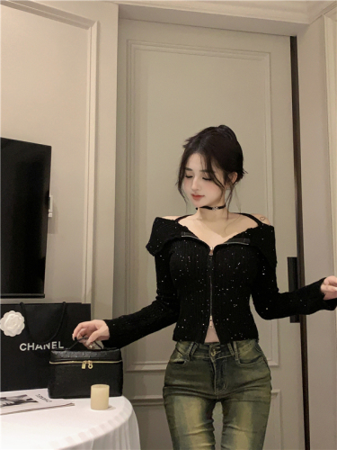 Actual shot of sequin tie rope halter neckline slim fit knitted sweater top cardigan for women