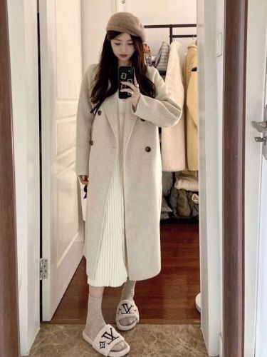 2023 new autumn and winter oatmeal color double-sided cashmere coat women's small woolen coat