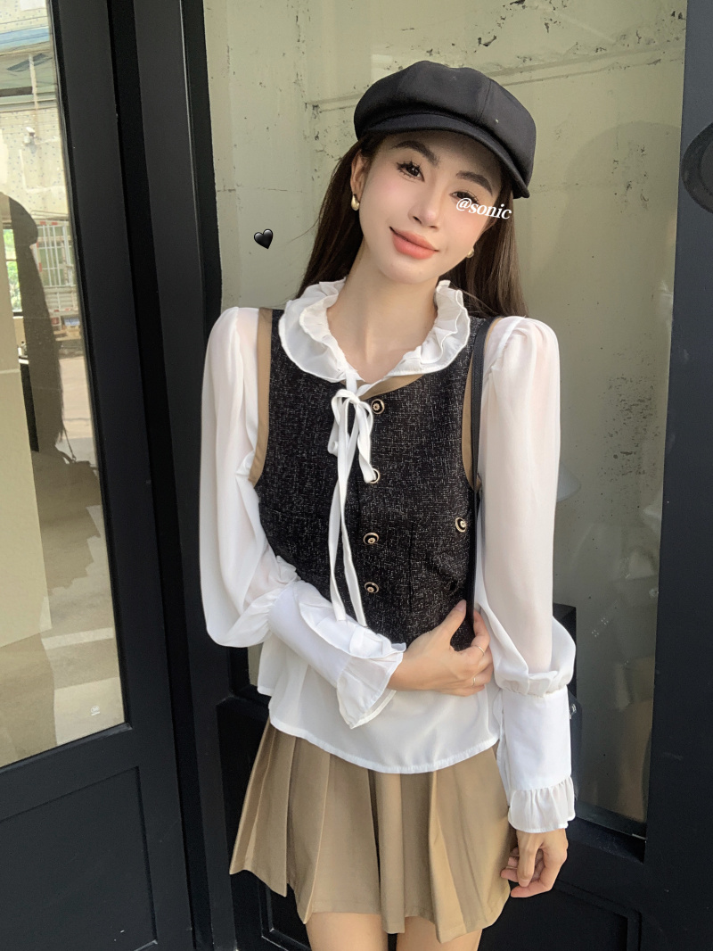 實拍 法式小眾高級感馬甲宮廷風泡泡袖襯衫百褶短裙新款套裝