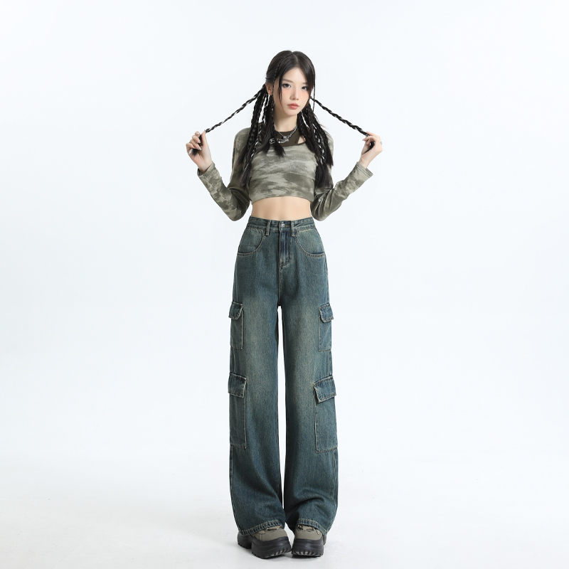 實拍2023秋季時尚新品美式超柔工裝牛仔褲女寬鬆高腰多口袋