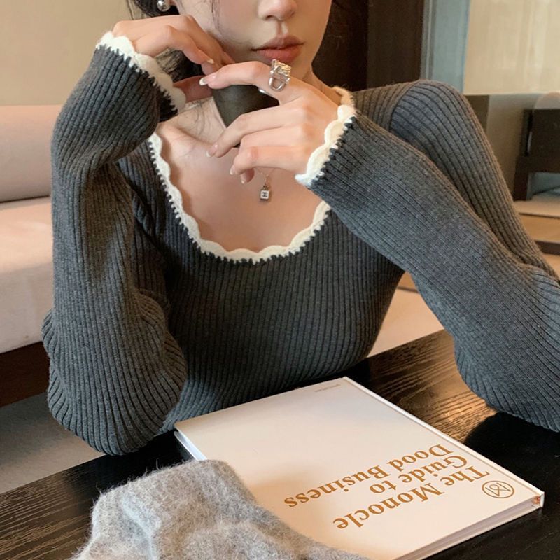 法式小香風木耳邊針織衫女秋冬季內搭打底衫修身顯瘦毛衣短款上衣