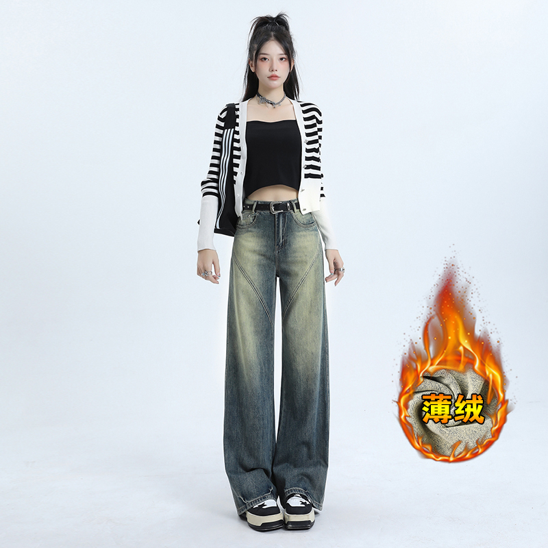實拍 牛仔褲女2023年秋冬新款高腰直筒寬鬆加絨闊腿拖地長褲子