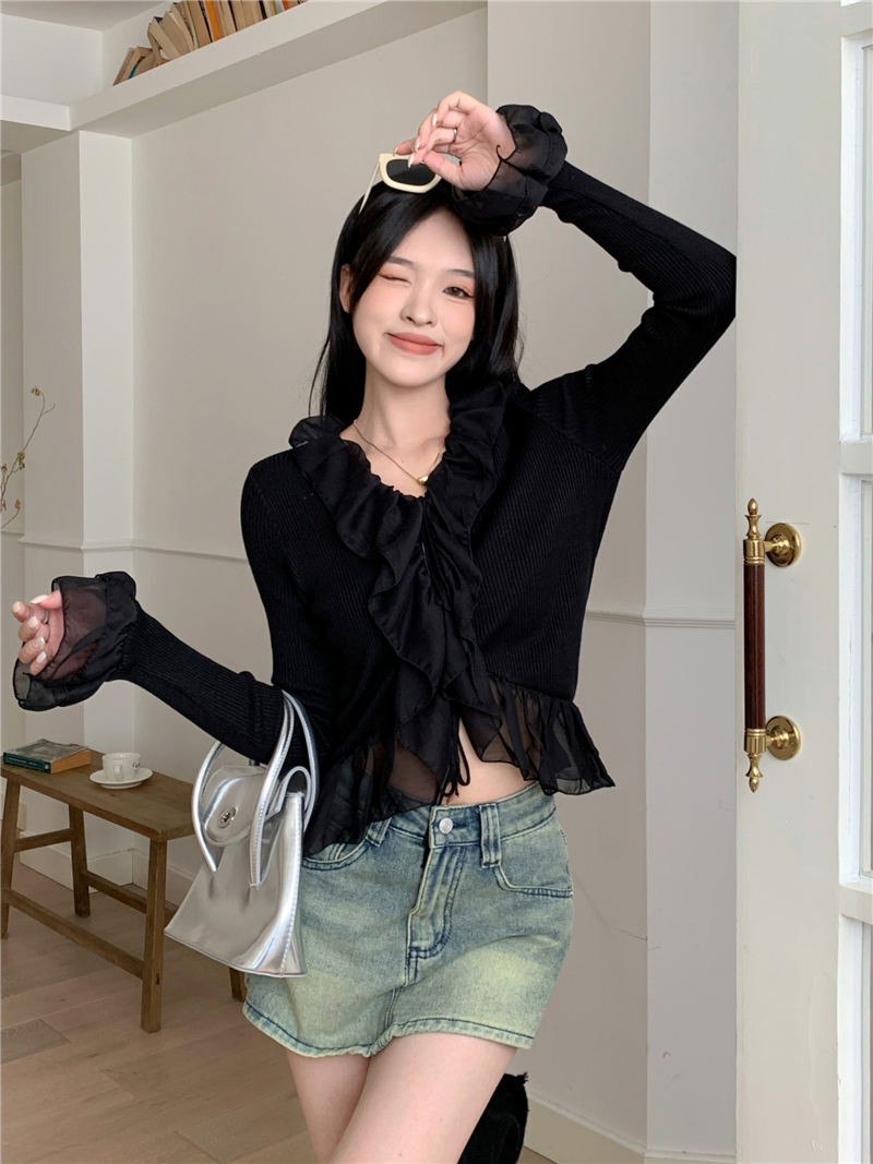 實拍 設計感蕾絲花邊綁帶長袖針織衫女甜美修身顯瘦上衣