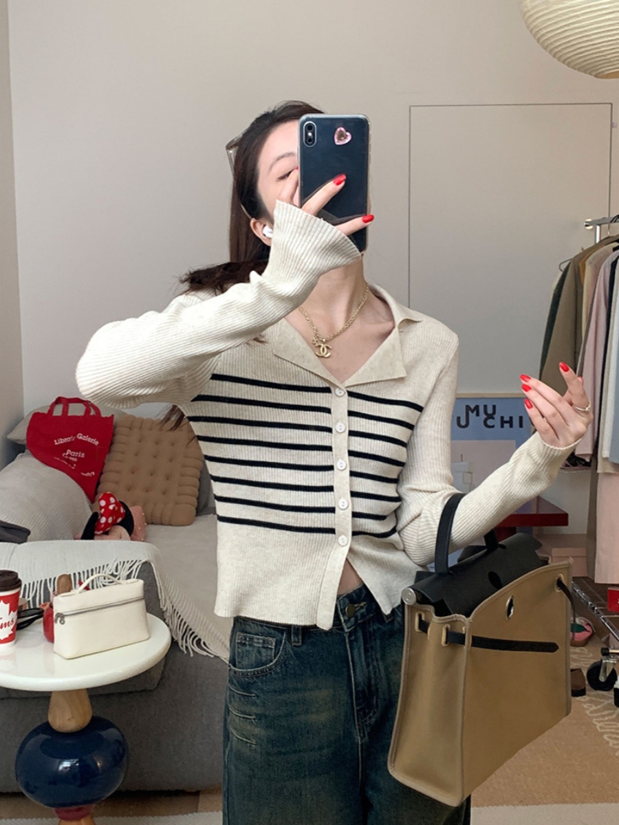 polo翻領條紋針織開衫上衣短款女秋季內搭長袖設計感打底薄款毛衣