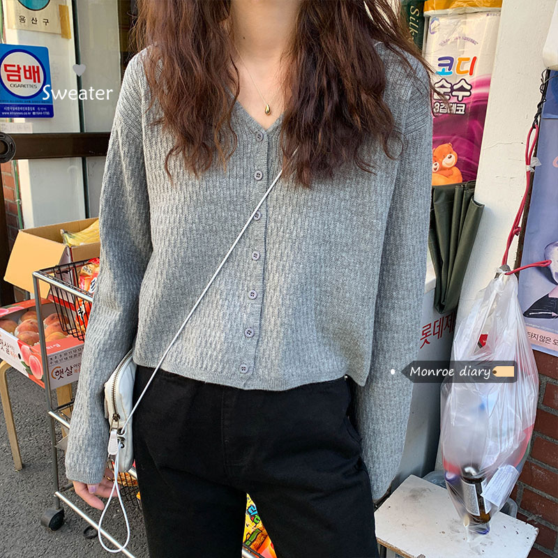 秋裝慵懶風韓版百搭純色長袖針織開衫外套寬鬆短款減齡毛衣女上衣