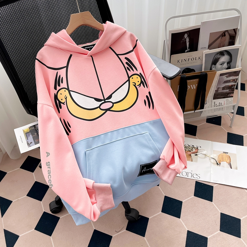 Real shot of imitation Chinese cotton composite milk silk design mid-length hooded sweatshirt for women printed loose top