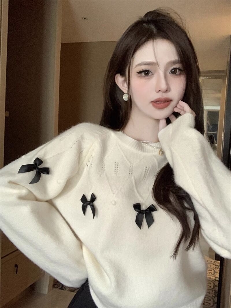 法式小香風蝴蝶結毛衣女秋冬高級感別致小個子針織打底衫內搭上衣