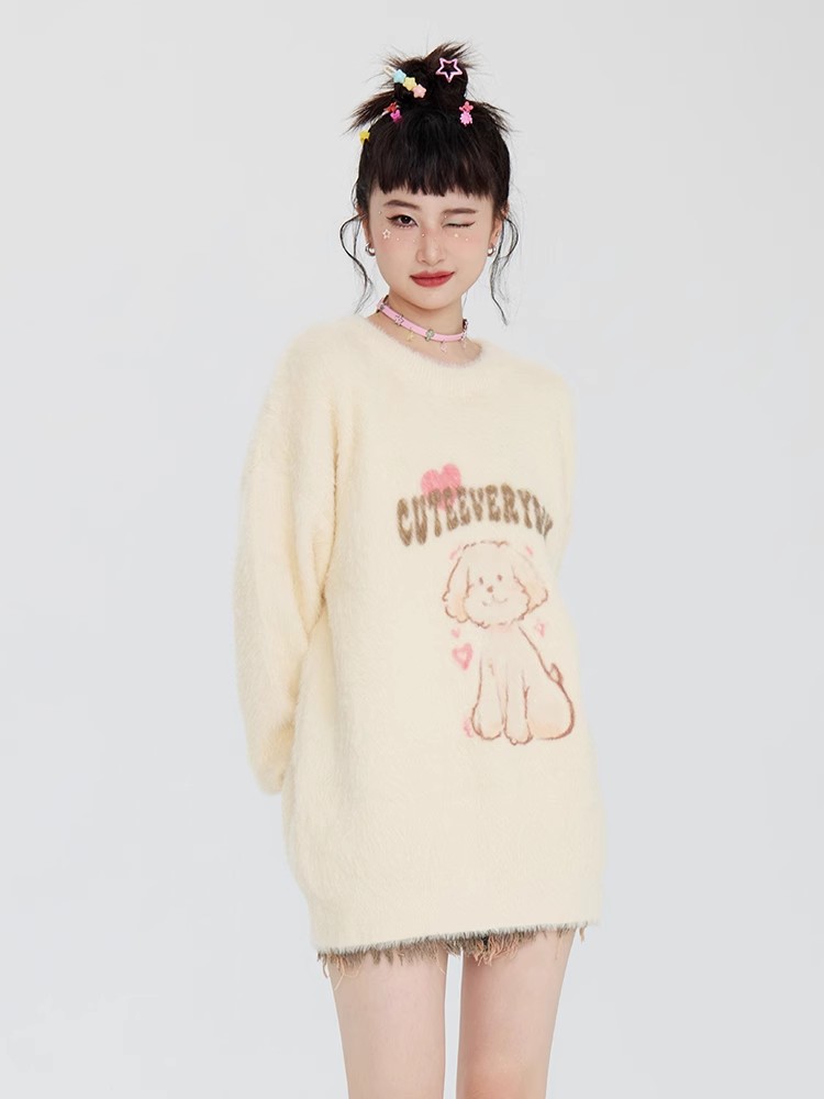 奶fufu可愛小狗提花套頭毛衣女復古寬鬆休閒慵懶風軟糯針織衫上衣