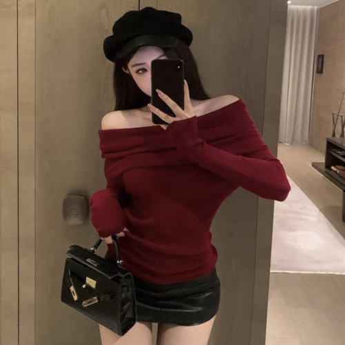 Official photo Retro one-shoulder pullover long-sleeved sweater autumn slim top for women new wine red