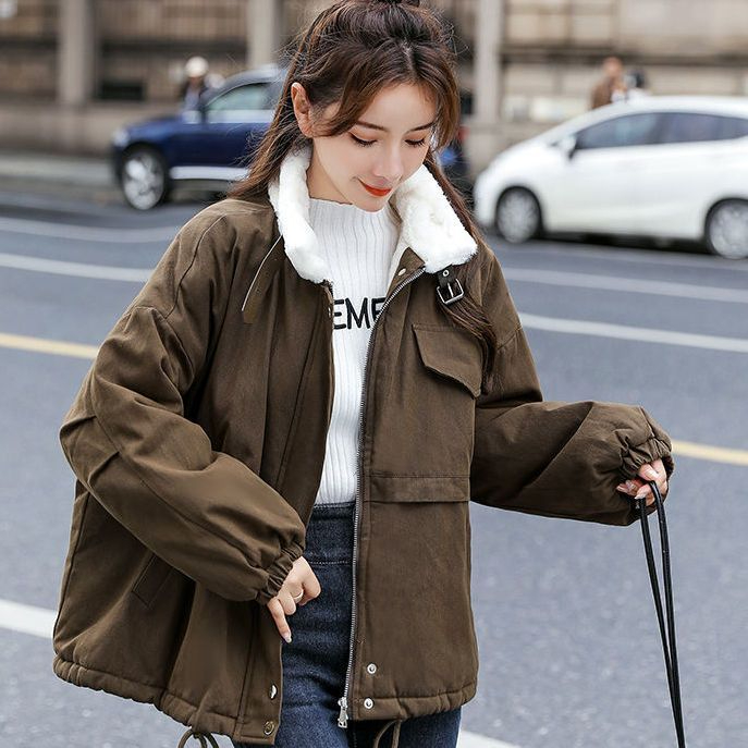 羊羔毛外套女2023春秋新款韓版學生加絨加厚工裝外套寬鬆短款上衣