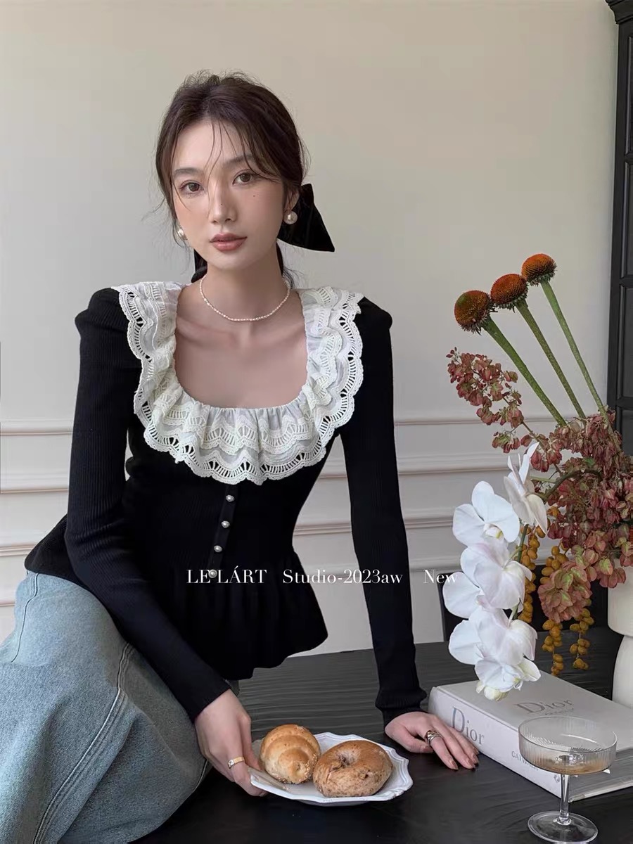 法式上衣女設計感小眾秋冬內搭氣質優雅打底衫修身拼接蕾絲針織衫