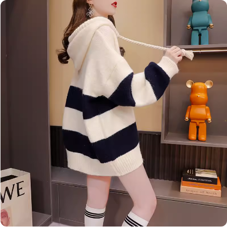 Loose Korean style lazy style hooded sweater for women 2023 new autumn fashionable age-reducing fufu knitted jacket