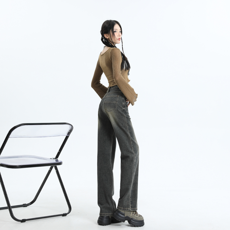 實拍2023秋季時尚直筒垂感拖地牛仔褲女