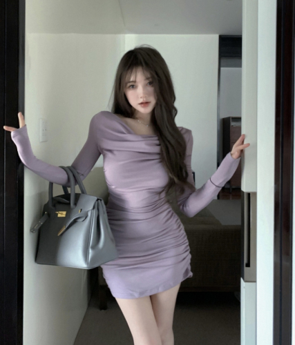 Purple Swing Collar Dress Women's Early Autumn Temperament Pleated Skirt Pure Sexy Sexy Slim Waist Covering Short Skirt