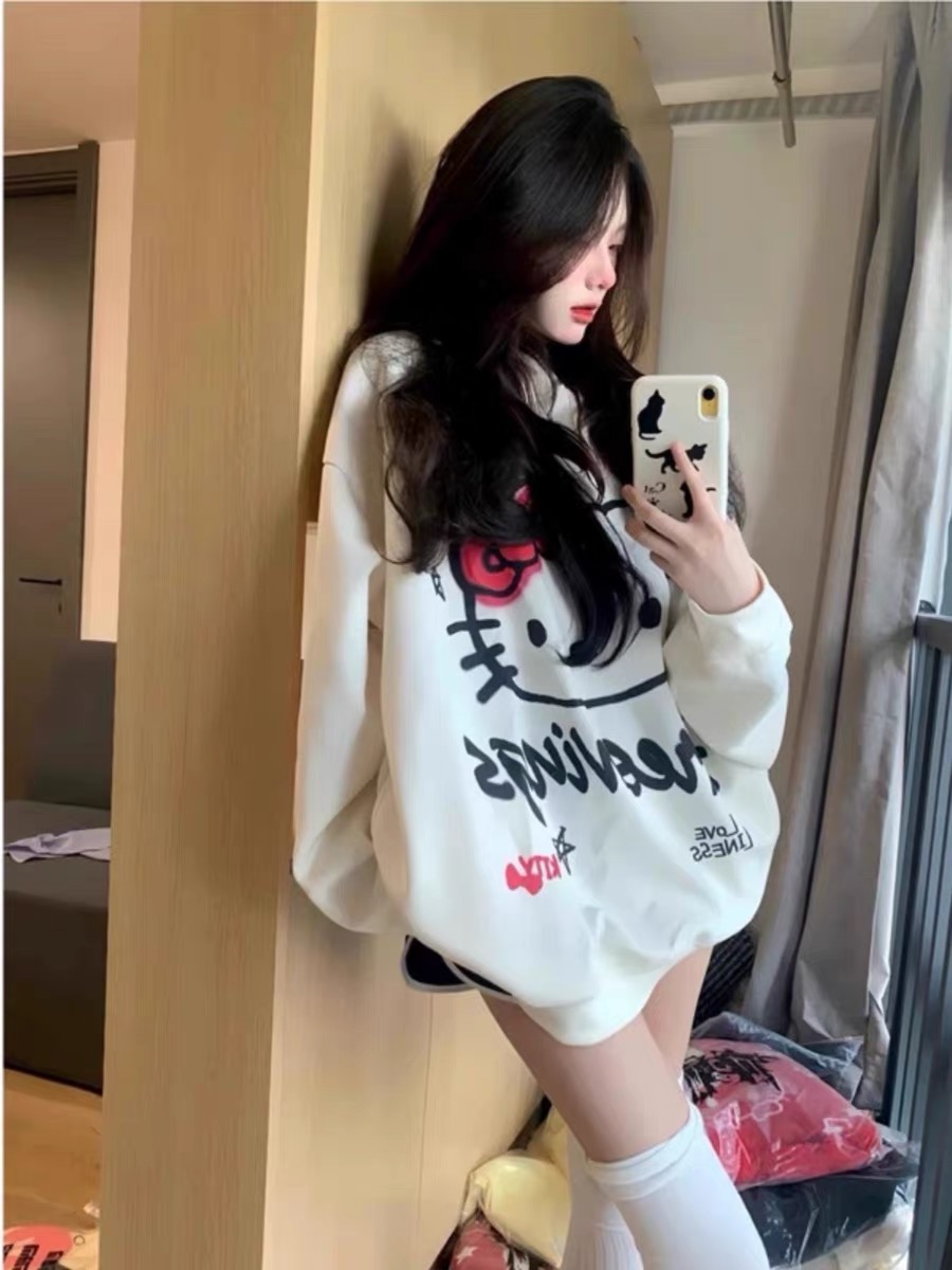 國潮oversize白色連帽衛衣女春秋美式凱蒂貓chic港味復古慵懶外套