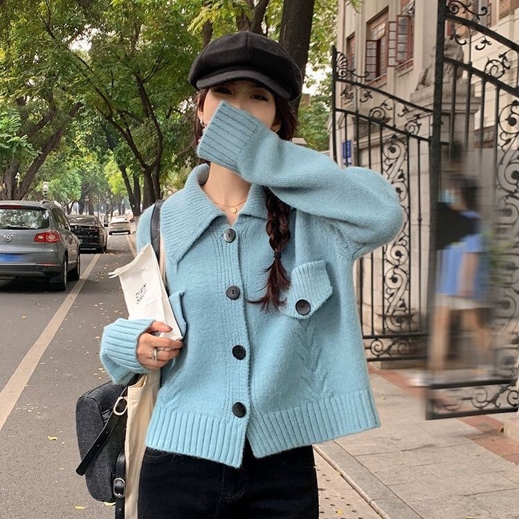 韓風女藍色軟糯慵懶翻領毛衣厚秋冬小眾獨特甜美開衫針織外套上衣