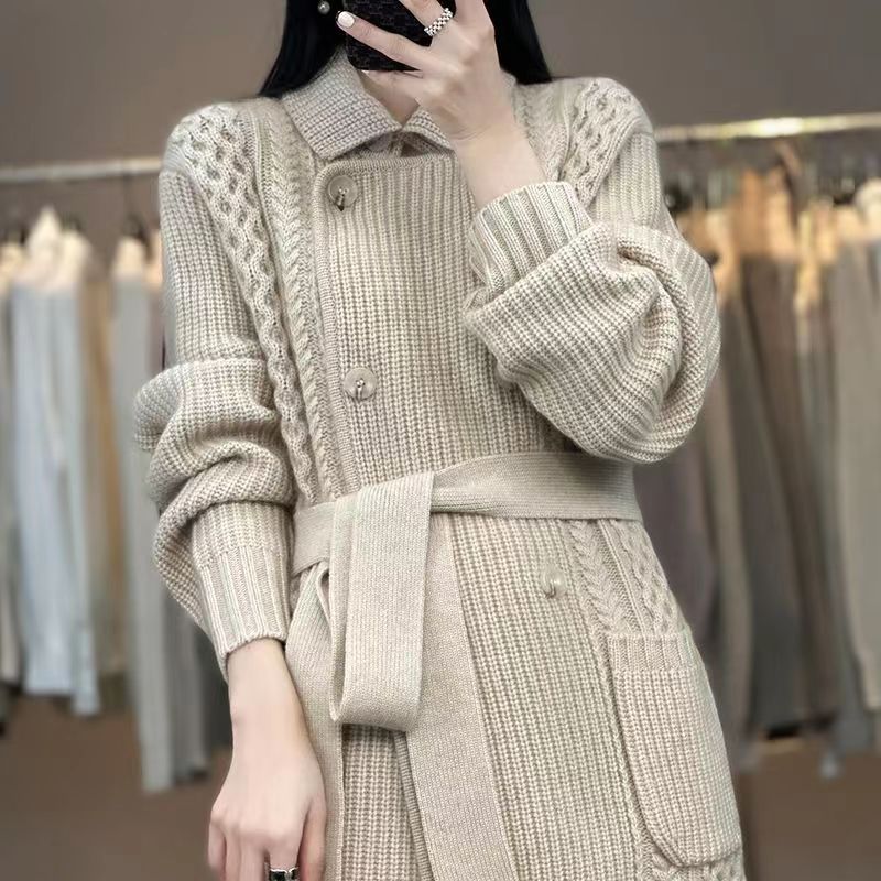 100%慵懶風大衣純羊毛開衫女冬西裝領加厚寬鬆腰帶針織外套中長款