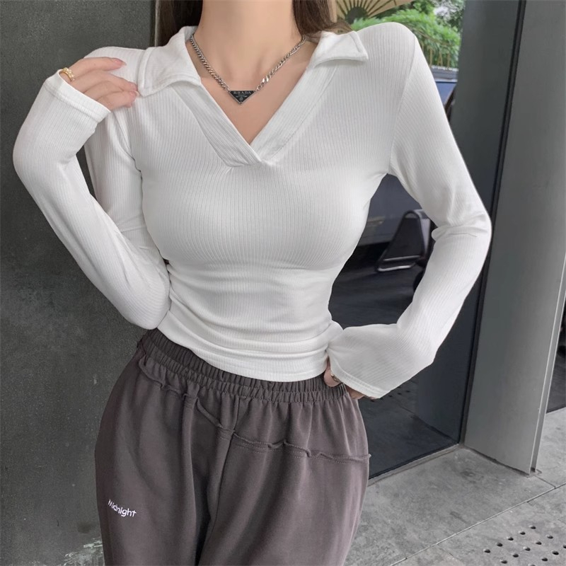 Autumn and winter new hot girl sexy V-neck slim bottoming shirt American solid color long-sleeved tight polo shirt trendy