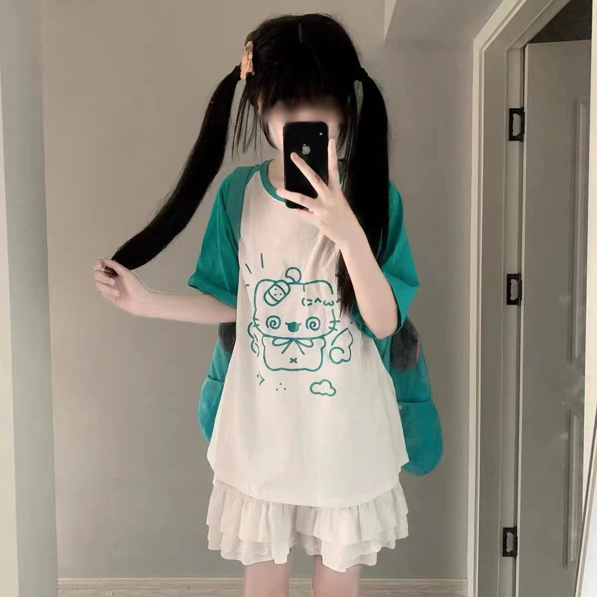 美式復古可愛印花長袖T恤女潮流寬鬆獨特時尚撞色插肩袖上衣