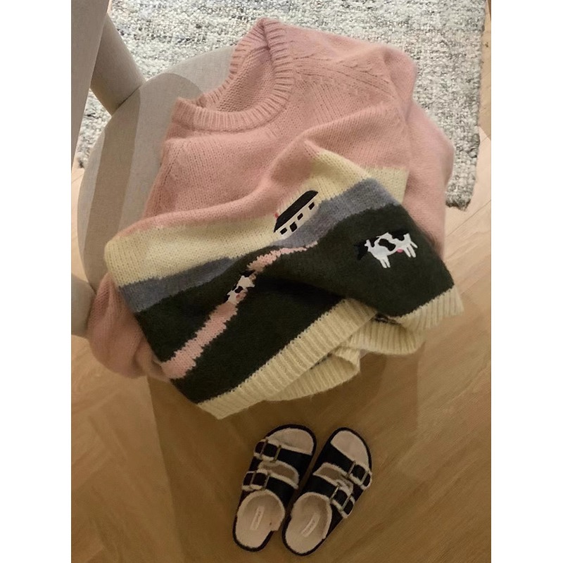 韓國東大門可愛小房子奶牛刺繡套頭毛衣女秋冬圓領羊毛針織衫